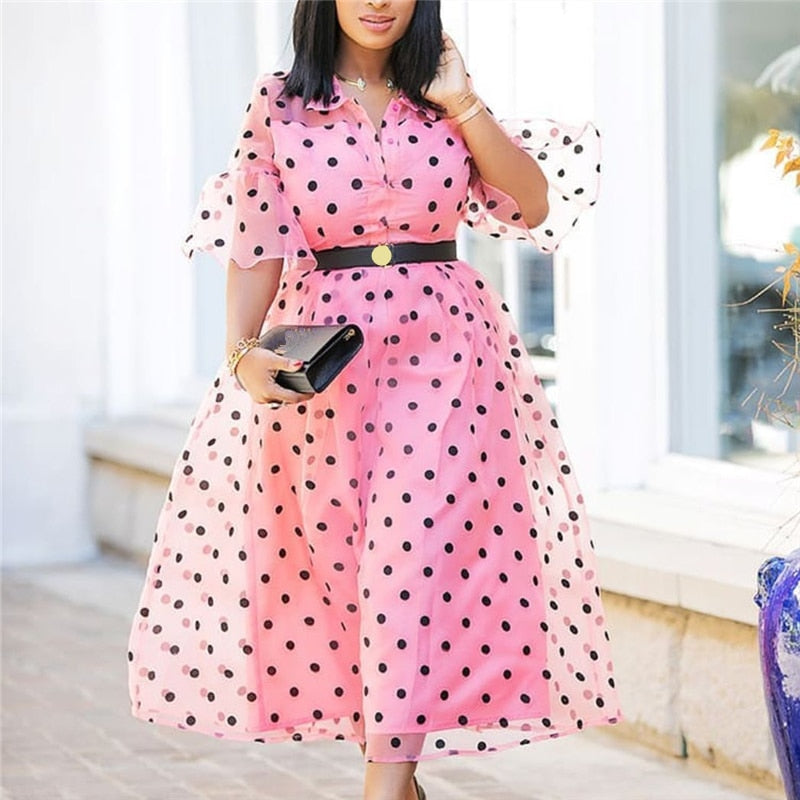 Women Pink Pleated black Polka Dot Lady Summer Dress