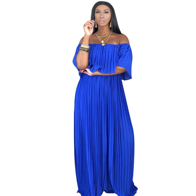 Women Off the Shoulder Slash Neck Ruffle Sleeve Pleated High Waist Bohemian Long Dress