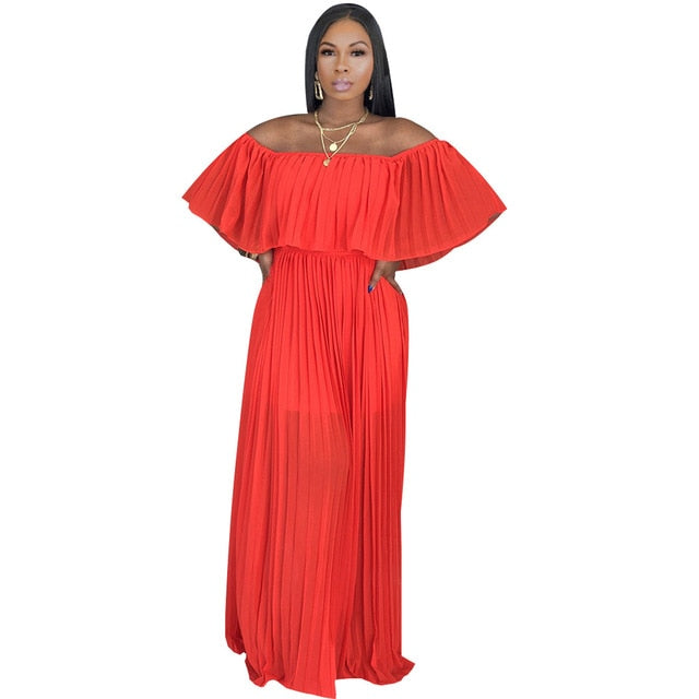 Women Off the Shoulder Slash Neck Ruffle Sleeve Pleated High Waist Bohemian Long Dress