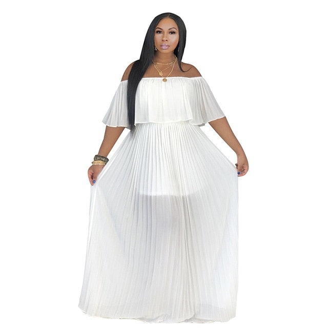 Women Off the Shoulder Slash Neck Ruffle Sleeve Pleated High Waist Bohemian Long Dress