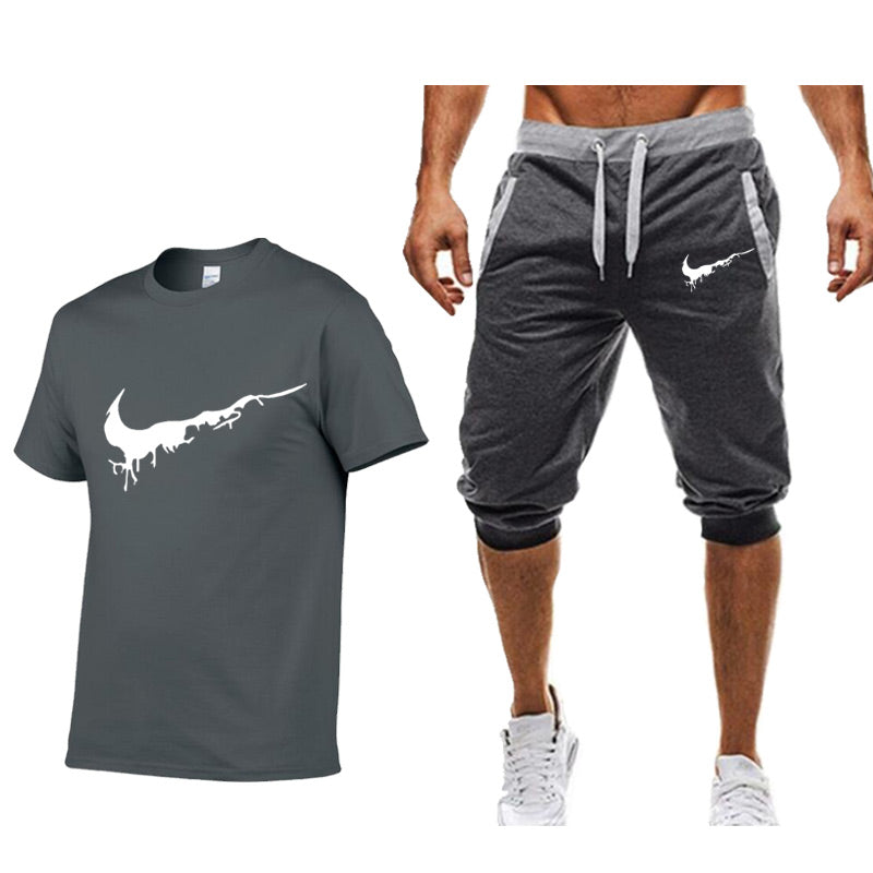 Men's T Shirts+shorts Two piece Fashion Casual Workout Fitness Sets