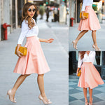 Women Vintage High Waist Ladies Stretch Midi Soft Flared Pleated Swing Solid Color Skirt