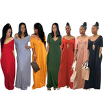 Women Solid Long Maxi Dress V Neck Pocket Short Sleeve Loose Solid Dresses Plus Size S-3XL