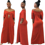 Women Solid Long Maxi Dress V Neck Pocket Short Sleeve Loose Solid Dresses Plus Size S-3XL