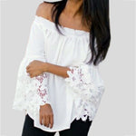 Elegant Women White Off The Shoulder Lace Stitching, Long Lantern Sleeve, Slash Neck Flared Blouse