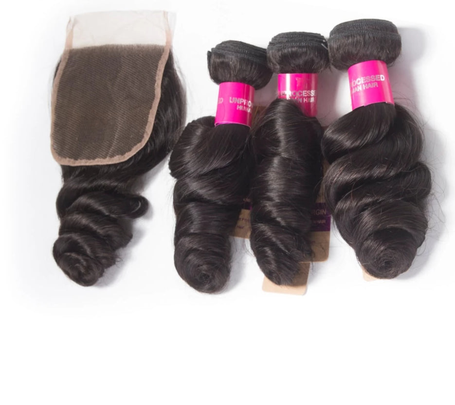 Remy Loose Wave Brazilian Hair Weave 3 Bundles With Closure