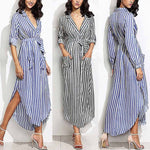 Womens Vertical Blue White Stripe slim Belted Deep V Neck Long Sleeve Shirt Dress