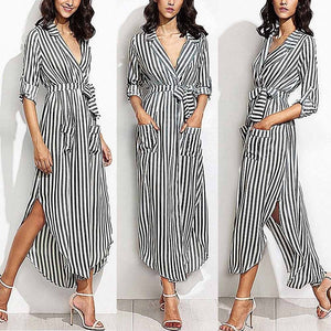 Womens Vertical Blue White Stripe slim Belted Deep V Neck Long Sleeve Shirt Dress