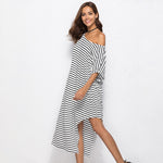 Irregular Stripe Sexy Beach Cotton Loose Off Shoulder Split Dress