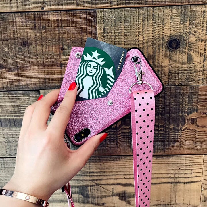 OnePlant Luxury PINK Glitter Embroidery Leather Case for iPhone 7 8 6s Plus Fashion Wave Point Lanyard For iphone XR XS Max Case