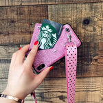 OnePlant Luxury PINK Glitter Embroidery Leather Case for iPhone 7 8 6s Plus Fashion Wave Point Lanyard For iphone XR XS Max Case