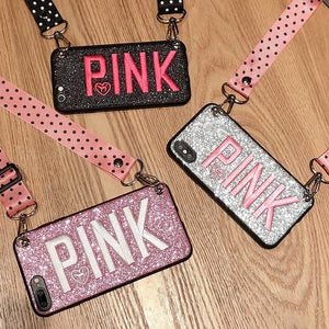 OnePlant Luxury PINK Glitter Embroidery Leather Case for iPhone 7 8 6s Plus Fashion Wave Point Lanyard For iphone XR XS Max Case