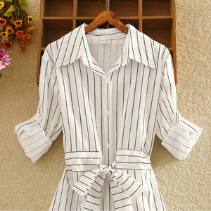 Women Evening Long Sleeve Blue White Dress Shirt S-2XLBelt