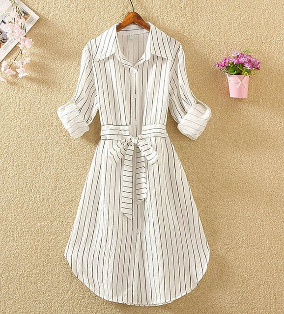 Women Evening Long Sleeve Blue White Dress Shirt S-2XLBelt