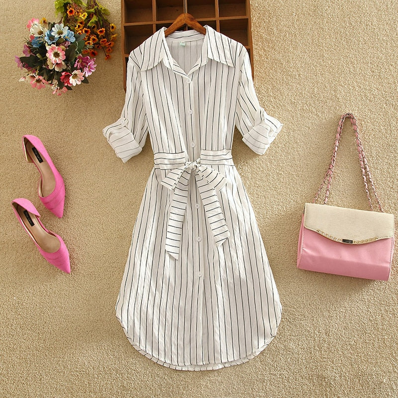 Women Evening Long Sleeve Blue White Dress Shirt S-2XLBelt