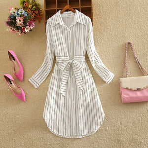 Women Evening Long Sleeve Blue White Dress Shirt S-2XLBelt