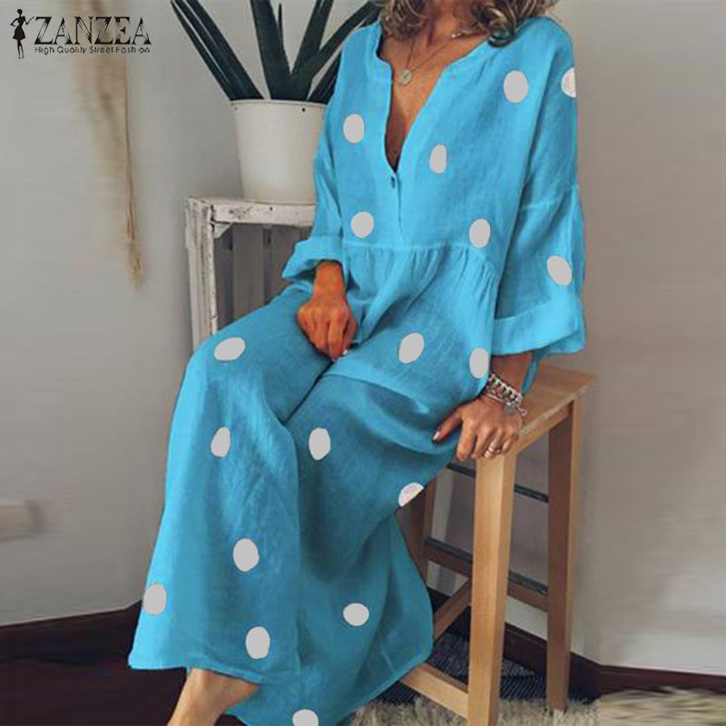 Polka Dot Dress Autumn Women Casual V Neck Long Sleeve Printed Party Long Maxi Vestido Sundress