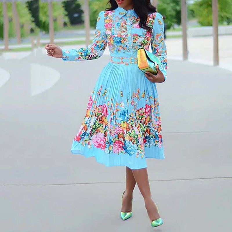 Women  African Vintage Midi Pleated Plus Size Long Sleeve Floral Print Dress.