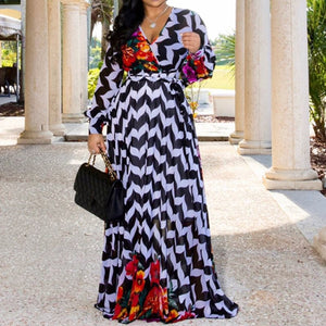 Floral Print Chiffon Maxi Dress African Robe Lace Women Dresses