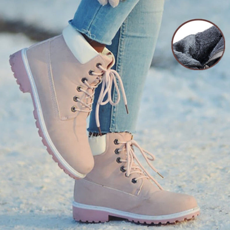 Women Warm Plush Rubber Platform Lace Up Sexy  Ankle Snow Boot Leather Fur Wedges