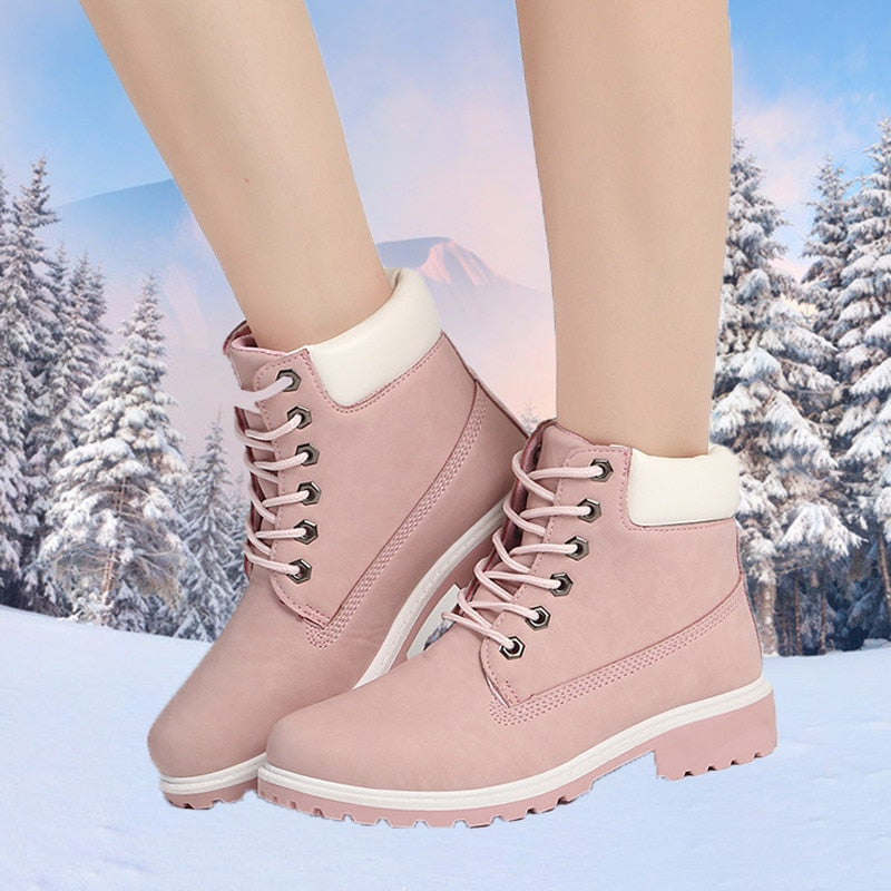 Women Warm Plush Rubber Platform Lace Up Sexy  Ankle Snow Boot Leather Fur Wedges