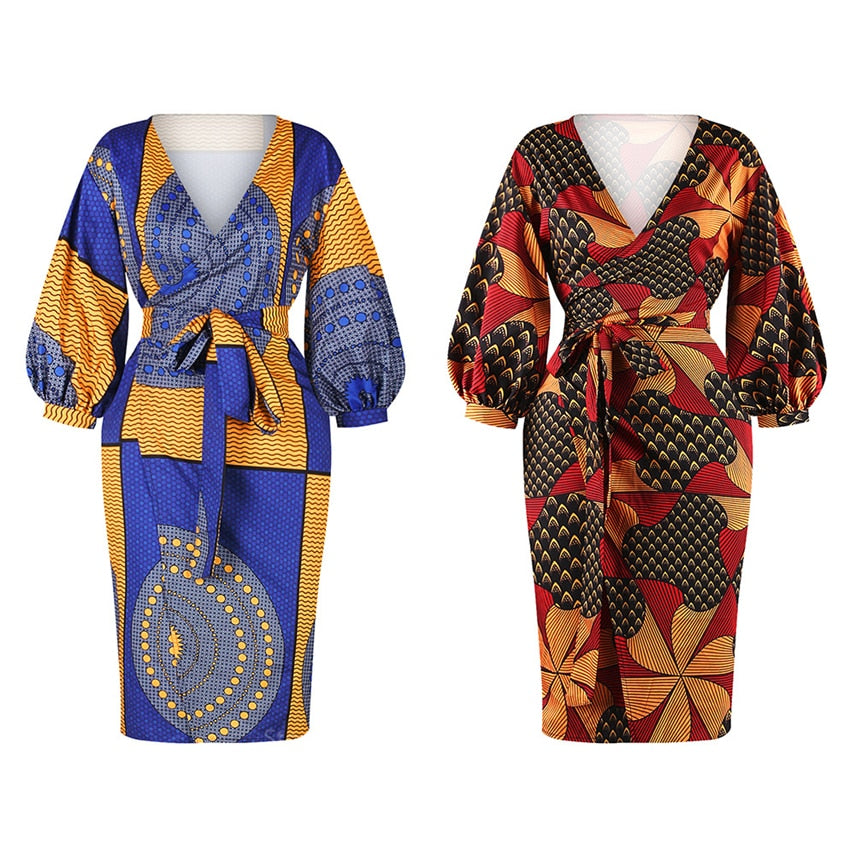 Autumn African Cardigan Fashion Full Lantern Sleeve Dresses for Women Dashiki Print Ladies Clothes