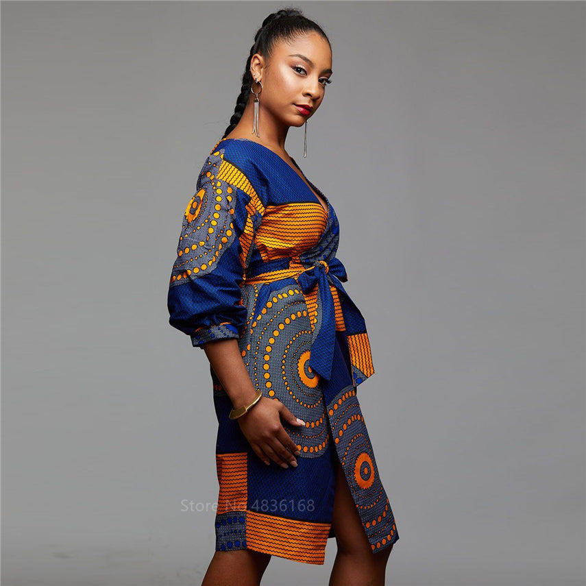 Autumn African Cardigan Fashion Full Lantern Sleeve Dresses for Women Dashiki Print Ladies Clothes