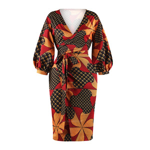 Autumn African Cardigan Fashion Full Lantern Sleeve Dresses for Women Dashiki Print Ladies Clothes