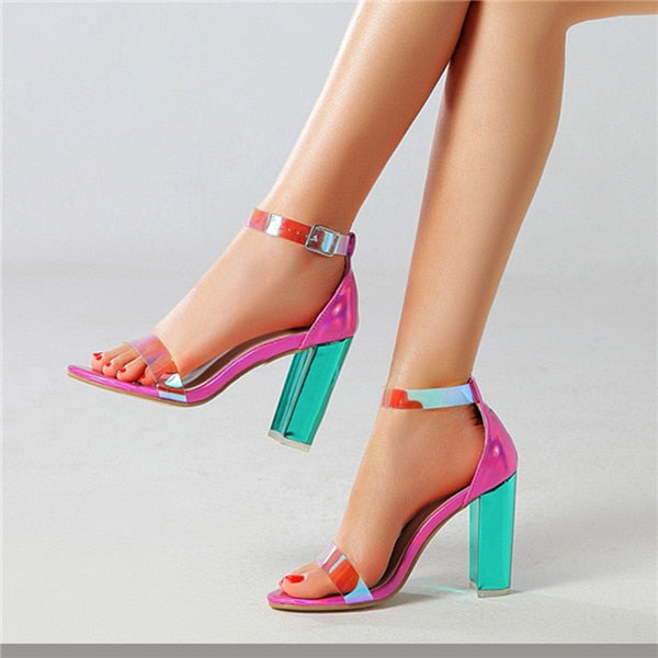 Fashion Buckle Strap PVC High Heel Sandals Women Shoes Casual Square Heel Sandals Sexy Ladies Laser Shoes Graceful Beauty Shoes