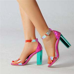 Fashion Buckle Strap PVC High Heel Sandals Women Shoes Casual Square Heel Sandals Sexy Ladies Laser Shoes Graceful Beauty Shoes