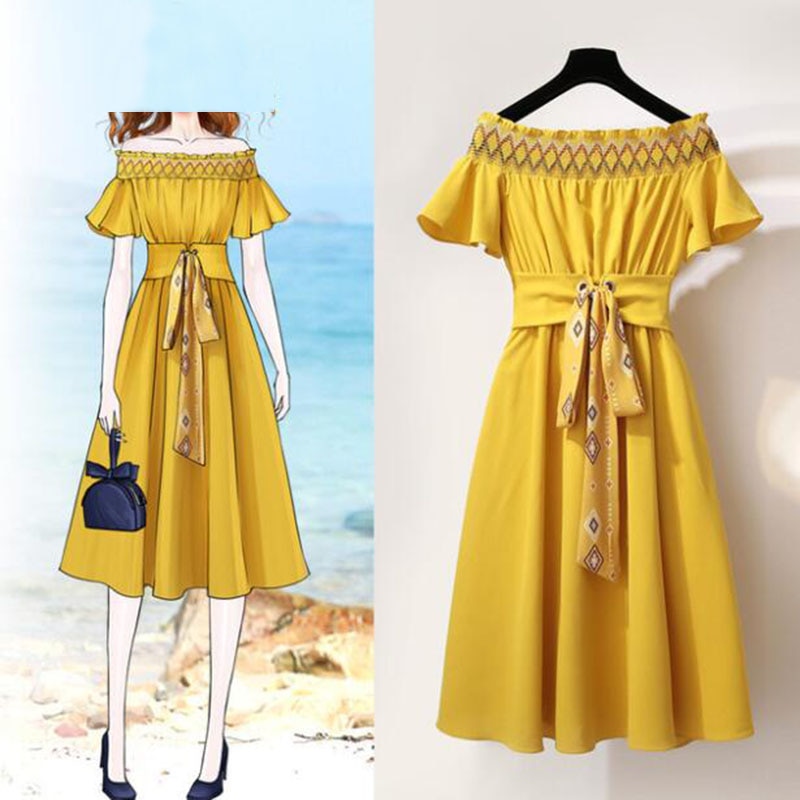 French Women Vintage Dresses Fashion Slash Neck Chiffon Buterfly Sleeve Dress 2019 Cute Clothes Summer Solid Women A-Line Dress