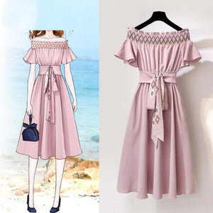 French Women Vintage Dresses Fashion Slash Neck Chiffon Buterfly Sleeve Dress 2019 Cute Clothes Summer Solid Women A-Line Dress