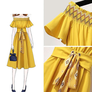 French Women Vintage Dresses Fashion Slash Neck Chiffon Buterfly Sleeve Dress 2019 Cute Clothes Summer Solid Women A-Line Dress