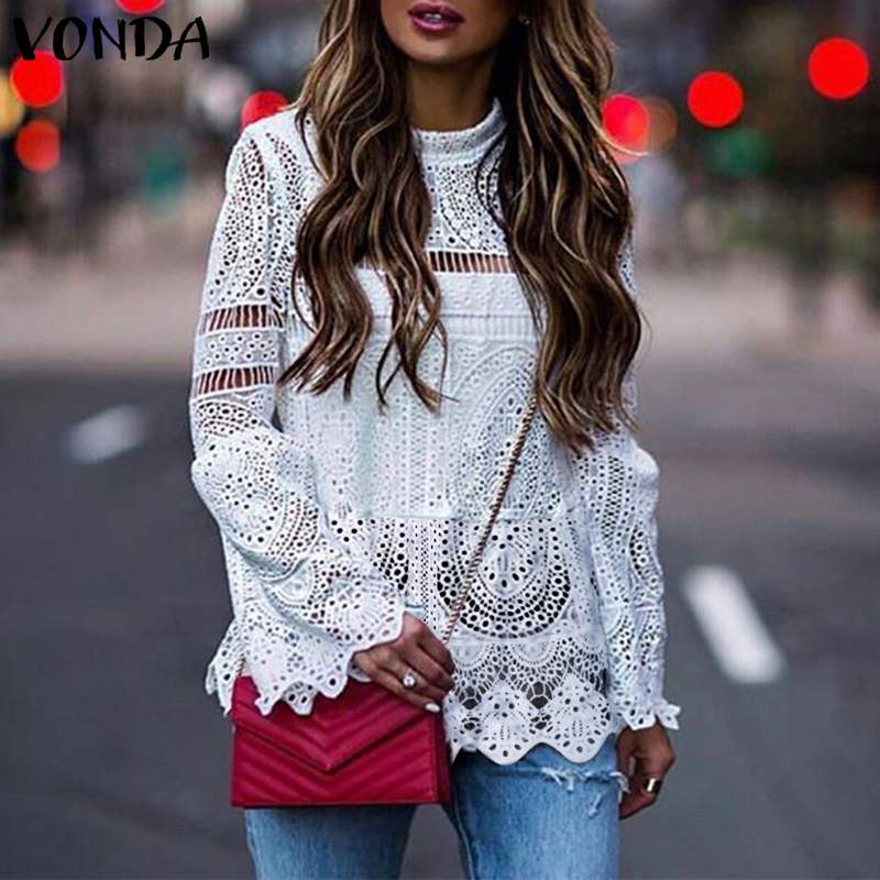 VONDA 2019 Women Sexy Hollow Top Blouse Female Casual Long Sleeve Irregular Hem Patry Blusas Beach Tops Ladies Shirt Plus Size