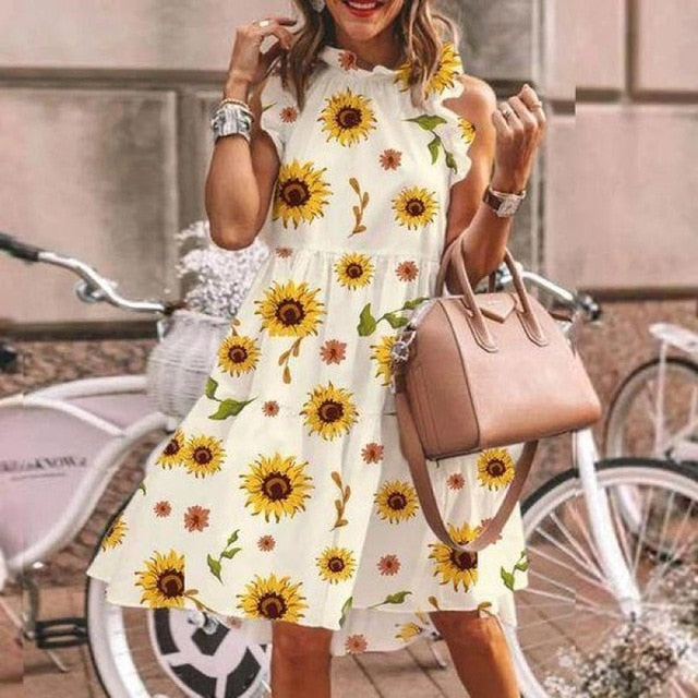 Elegant Daisy Sunflower Butterfly Sleeveless Print Dress Women Summer 2XL Casual O Neck Party Dresses Vintage Midi Dress Vestido