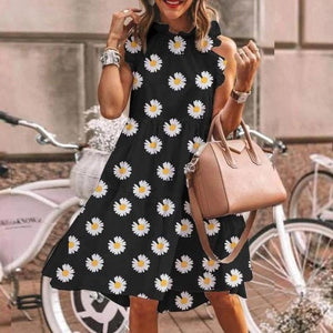 Elegant Daisy Sunflower Butterfly Sleeveless Print Dress Women Summer 2XL Casual O Neck Party Dresses Vintage Midi Dress Vestido