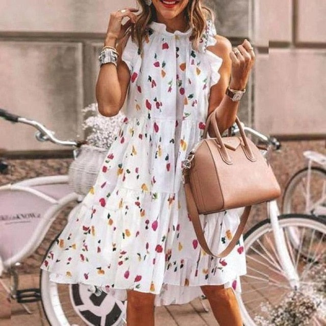 Elegant Daisy Sunflower Butterfly Sleeveless Print Dress Women Summer 2XL Casual O Neck Party Dresses Vintage Midi Dress Vestido