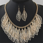 Women Luxury Bib Bohemian Statement Leaves Long Maxi Tassel Silver Gold Necklace And Earrings Set