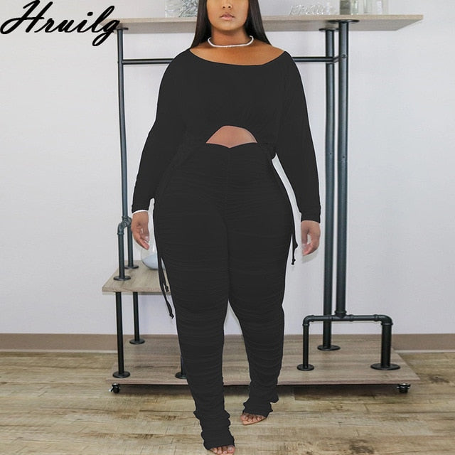 Wholesale Fashion Long Sleeve Crop Solid 2 Piece Plus Size Casual Women's Clothing Set