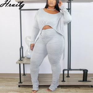 Wholesale Fashion Long Sleeve Crop Solid 2 Piece Plus Size Casual Women's Clothing Set