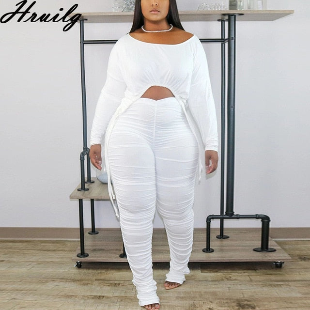 Wholesale Fashion Long Sleeve Crop Solid 2 Piece Plus Size Casual Women's Clothing Set