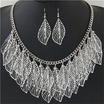 Women Luxury Bib Bohemian Statement Leaves Long Maxi Tassel Silver Gold Necklace And Earrings Set