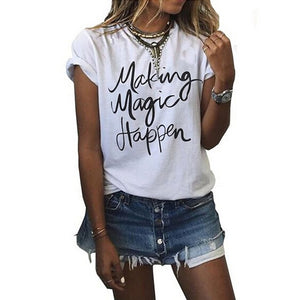 Women Fashion Letter Print  Tee Tops Short Sleeve O-neck