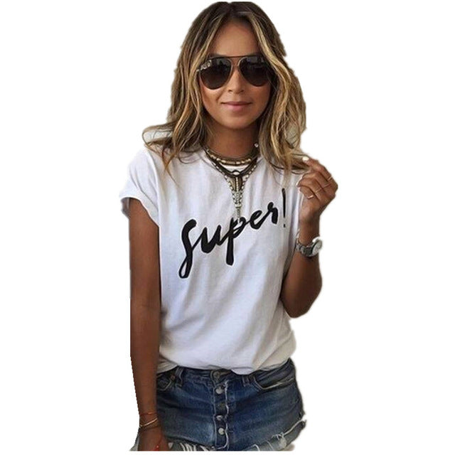 Women Fashion Letter Print  Tee Tops Short Sleeve O-neck