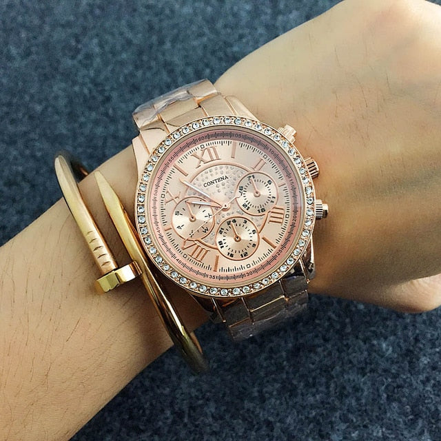 Luxury CONTENA Crystal Diamond Rose Gold Women Fashion Watches  Full Steel Wrist watch Clock saat