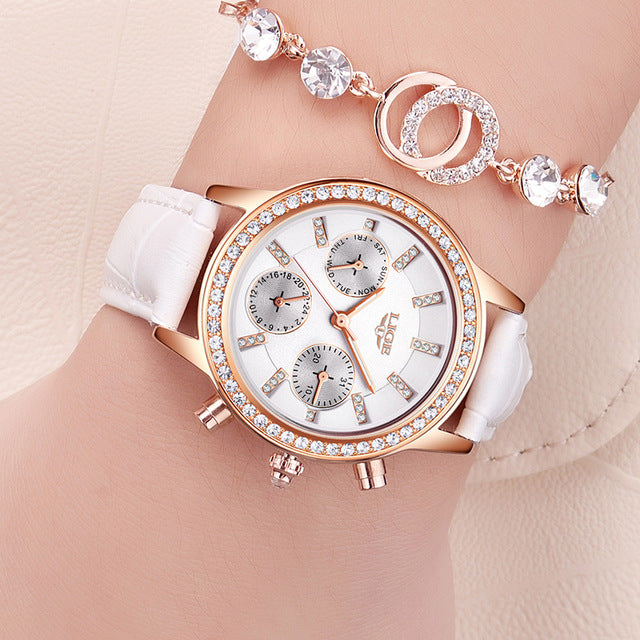 Luxury Women Leisure fashion Leather Quartz Ladies Diamond Dress watch