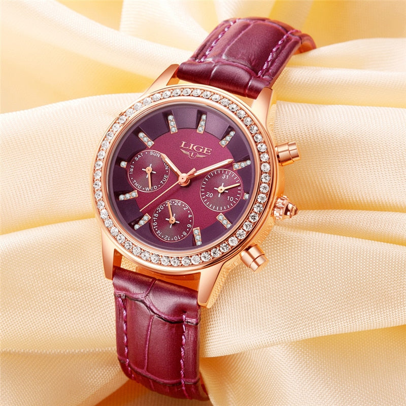 Luxury Women Leisure fashion Leather Quartz Ladies Diamond Dress watch