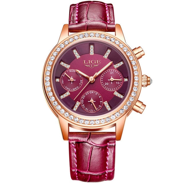 Luxury Women Leisure fashion Leather Quartz Ladies Diamond Dress watch