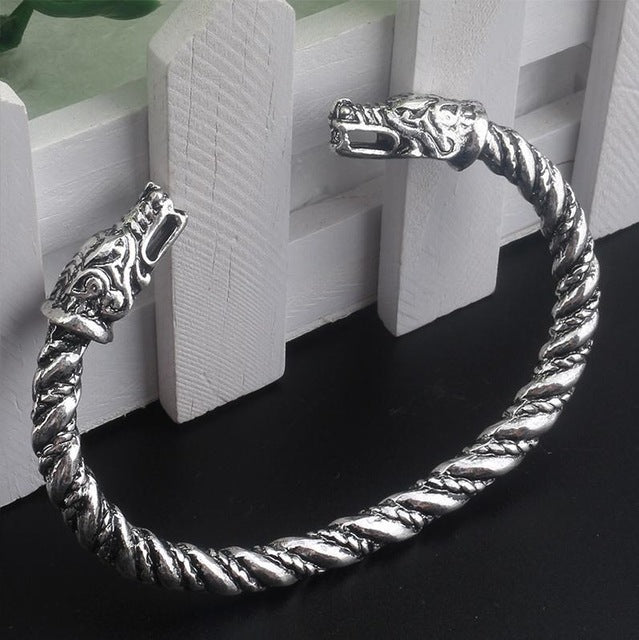 Vikings of Midgard Bangle Double wolf  faucet head Handmade Opening two-headed Wolf Bracelets for Men