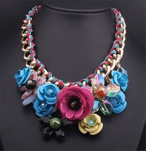 Women Braided Crystal Flowers Necklaces